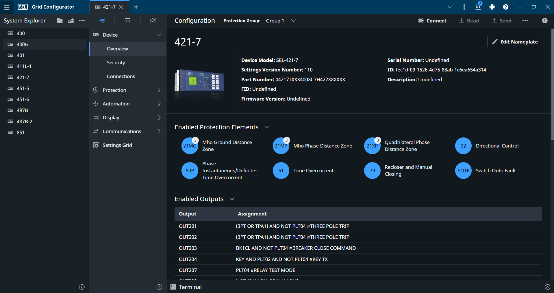 Image showing the interface for the product Overview dashboard in the SEL Grid Configurator software.