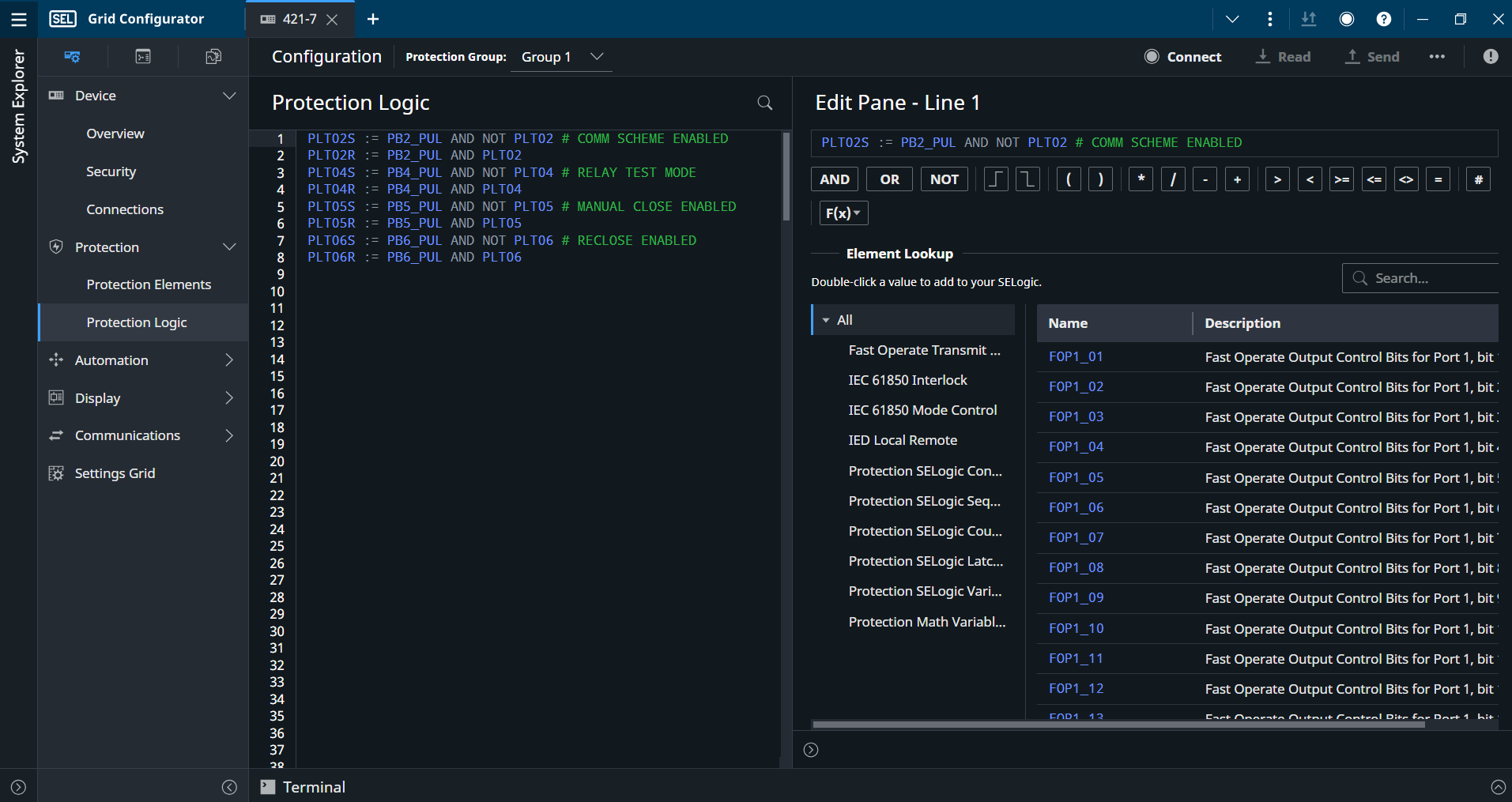 Image showing the freeform Protection Logic interface in the SEL Grid Configurator software.