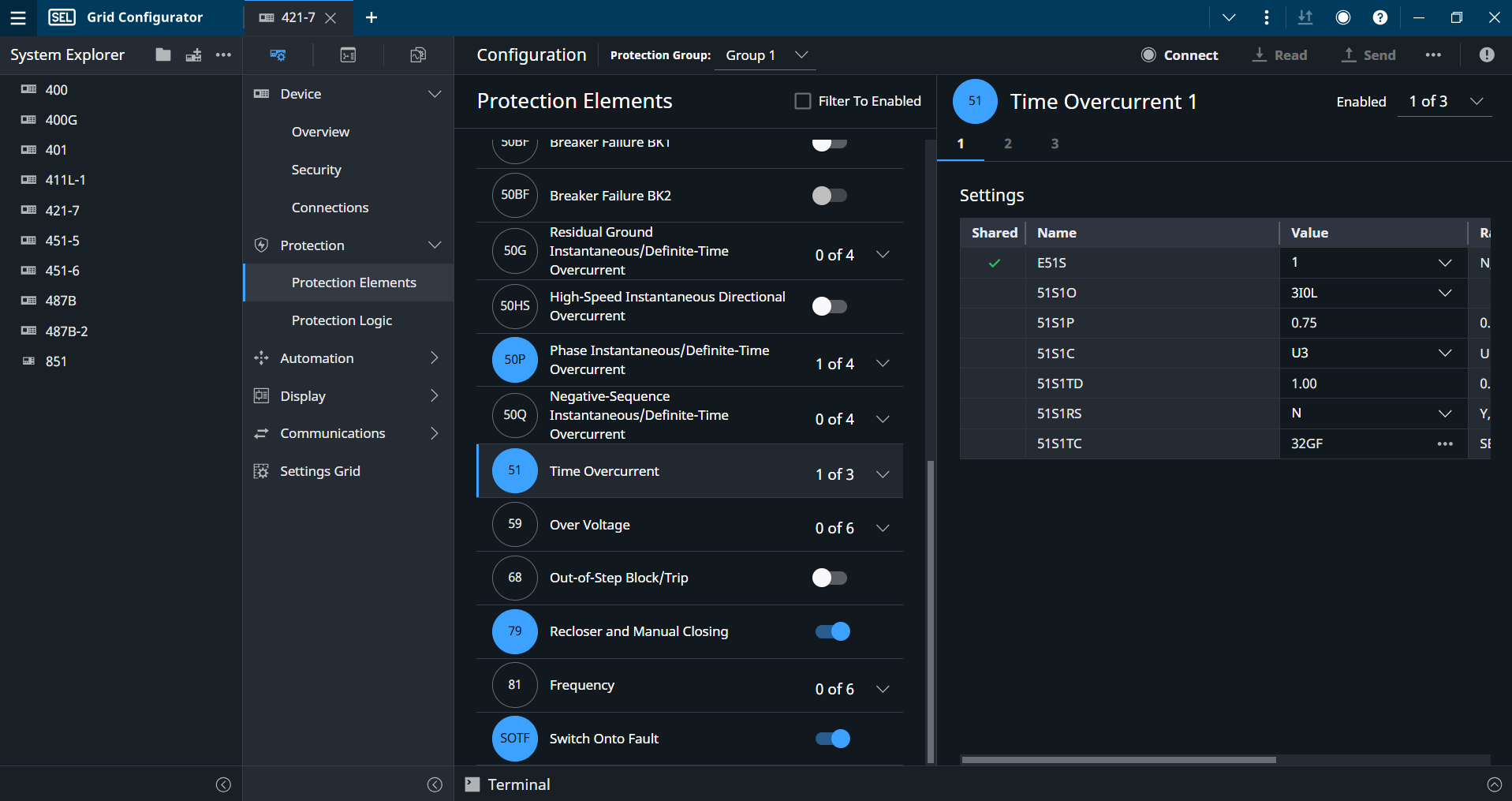 Image of the Protection Elements settings interface in the SEL Grid Configurator software.